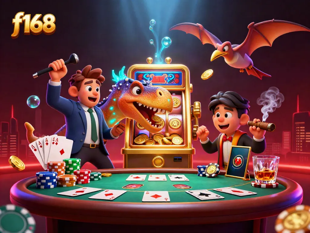 Experience thrilling gameplay at f168 with a dinosaur-themed slot jackpot scene, showcasing vibrant casino elements.