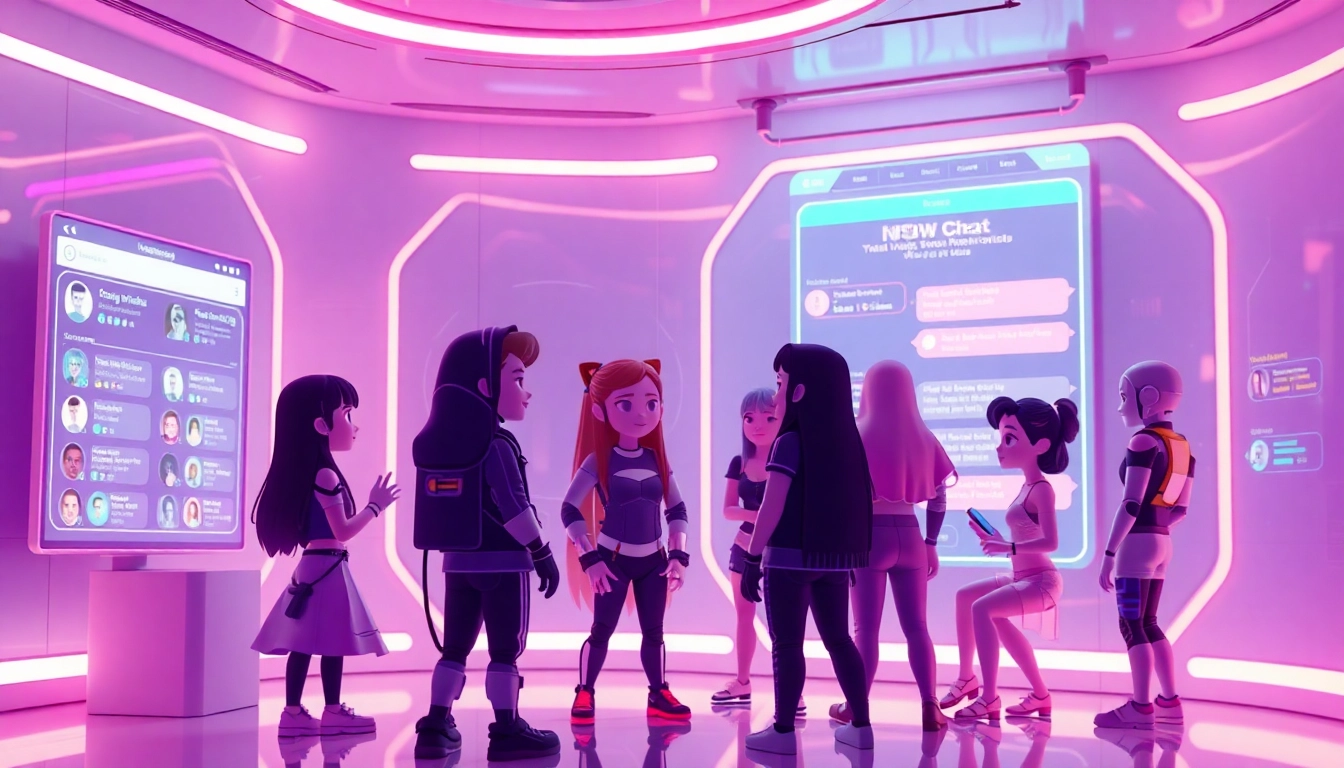 Engaging NSFW chat interface with animated AI characters in a vibrant, futuristic setting.