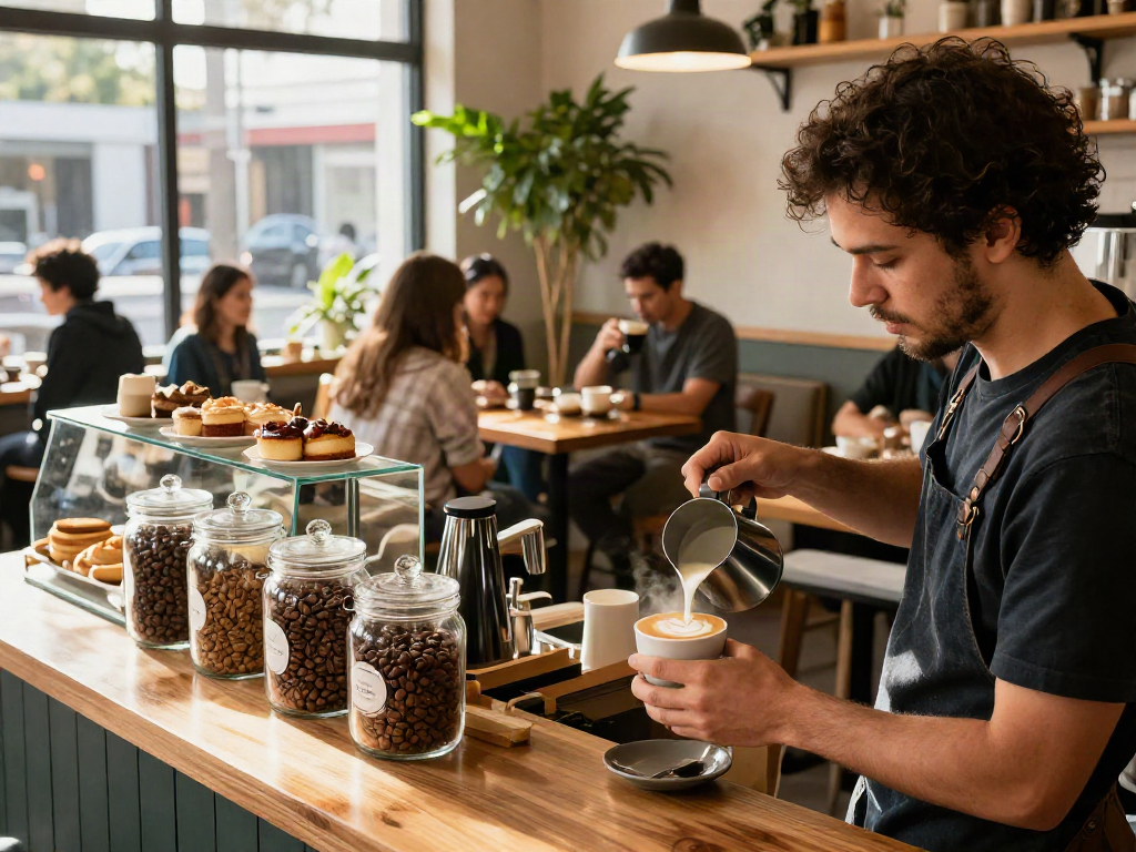 Barista creating latte art at rokok88 coffee shop with fresh pastries.