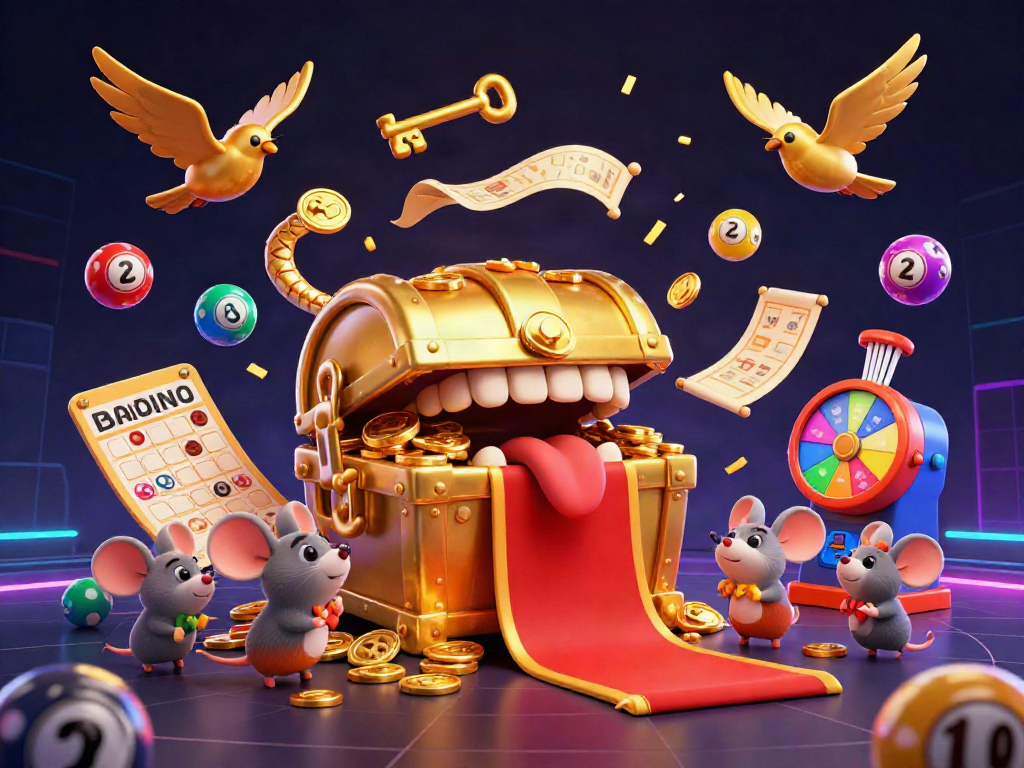 Engage with Jambi Toto's thrilling lottery experience, featuring vibrant colorful balls and treasure chest cartoon elements.