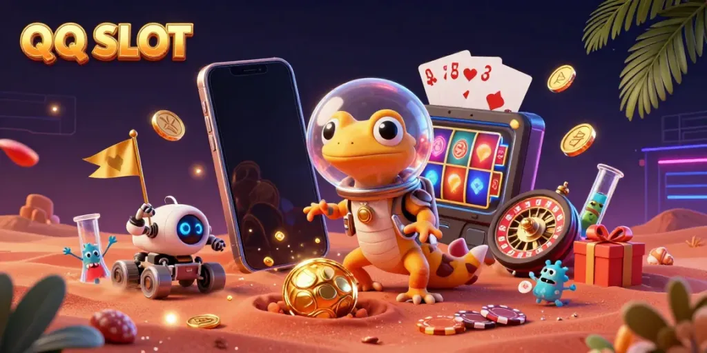 Engage with QQ SLOT through vibrant 3D illustration of a Martian gecko discovering a golden casino.