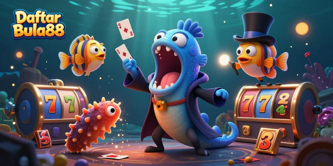 Daftar Bola88 featuring exciting slot elements with a bioluminescent eel magician, anglerfish, and sea cucumber.