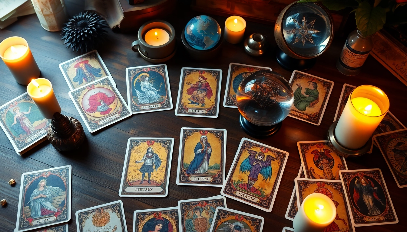 Erlebe tarotkarten bedeutung durch kunstvolle Darstellungen und mystische Atmosphäre bei einer Kartenlesung.