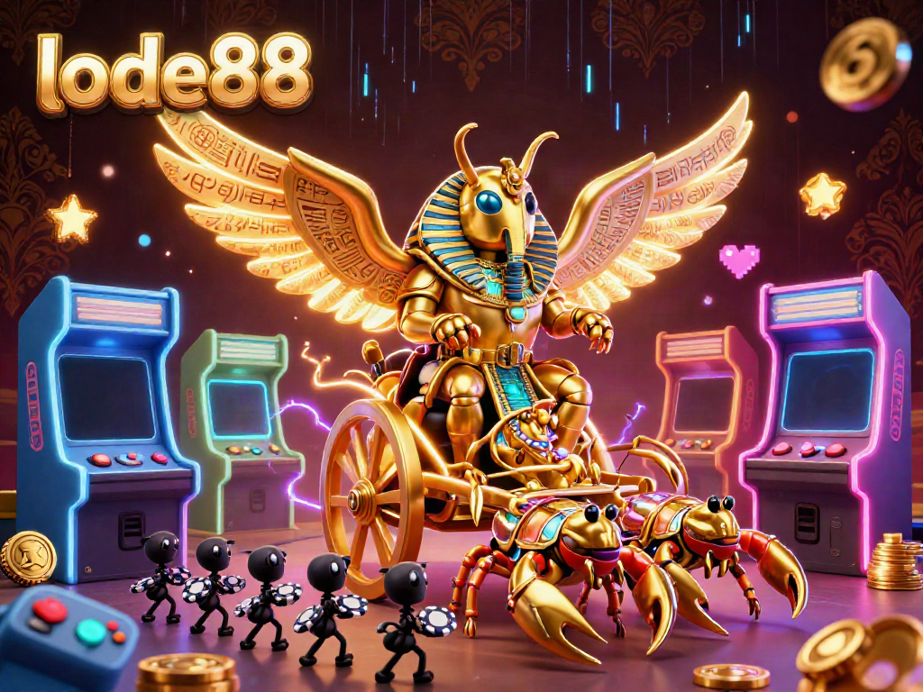 Experience the excitement of lode88 with a vibrant casino-themed 3D illustration featuring game elements and characters.