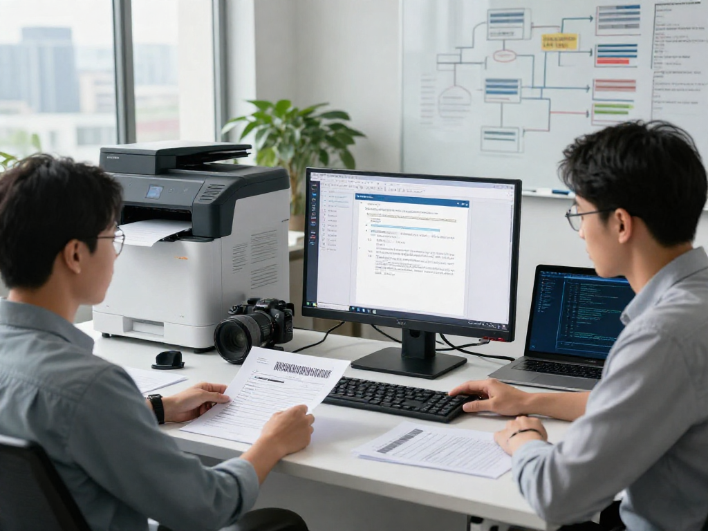Document fraud detection process in a high-tech office with an analyst reviewing digital signatures and barcodes.