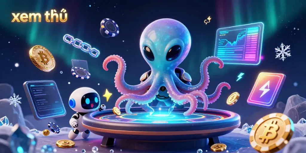 Xem thêm vibrant scene of an alien octopus playing poker with crypto elements in 3D.