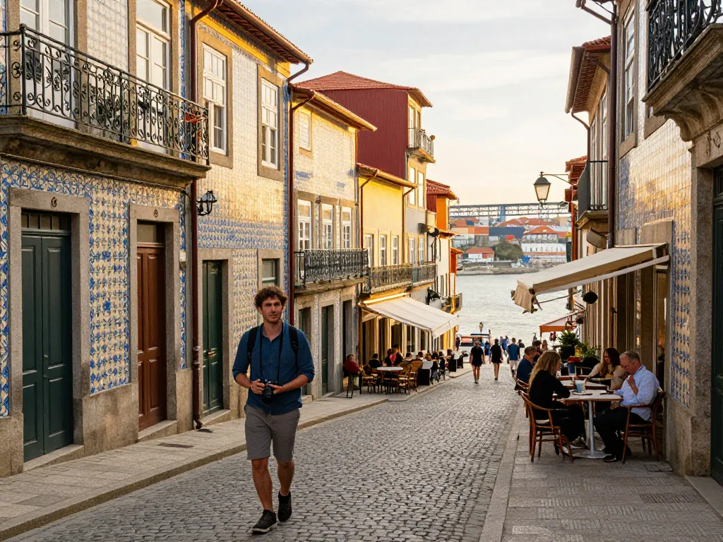 Reisetipps Porto: Reisender erkundet bunte Straßen, historische Architektur und die lebhafte Atmosphäre von Porto