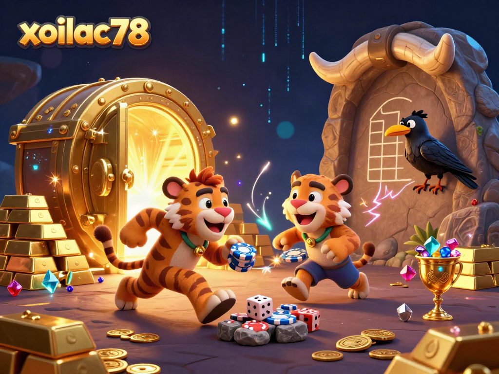 Experience thrilling fun at xoilac78's animated casino with caveman characters, vibrant effects and rich treasures.