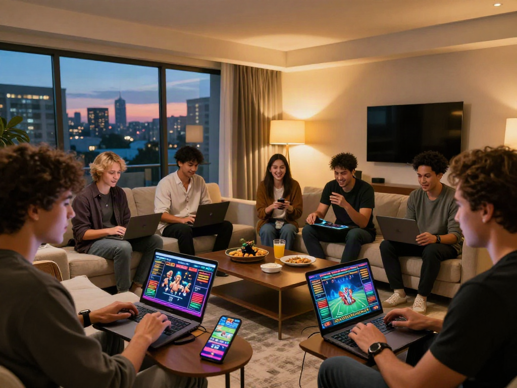 Engaging online gambling experience showing players at home using https://gem88.bz/ for sports betting and casino games.