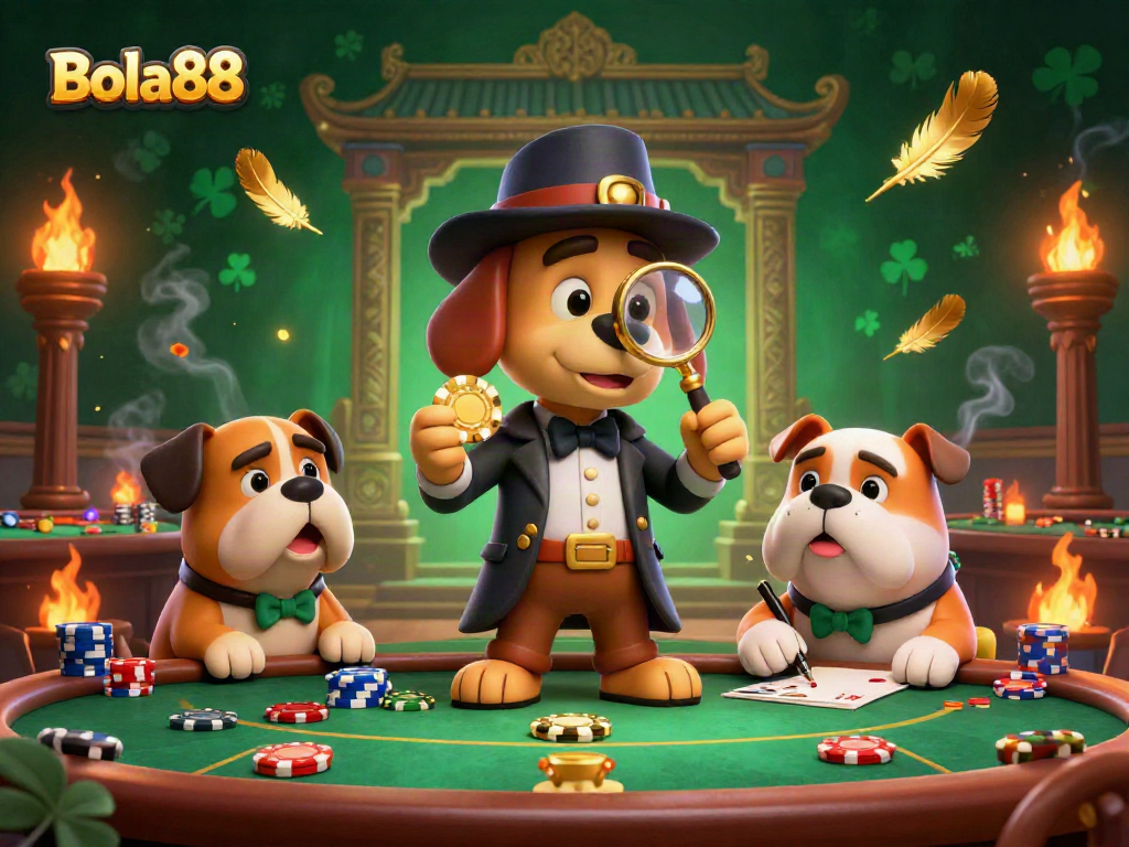 Bola88 poker game scene with a detective dog, poker chips, and vibrant tokens