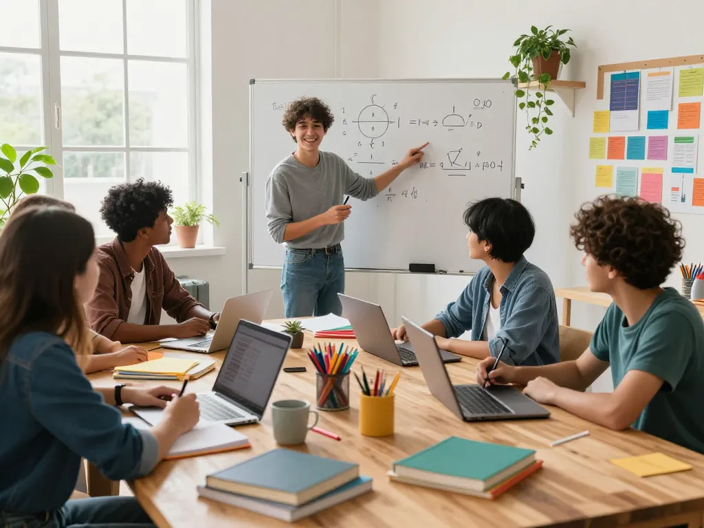 Schüler lösen gemeinsam Hausaufgaben in einem hellen Studienraum mit Lehrbüchern und Laptops.