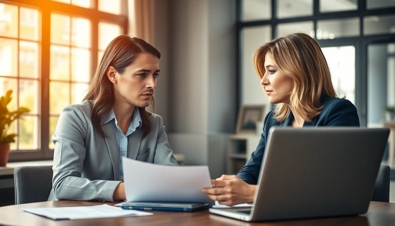 Hausverkauf bei Scheidung: Couple discussing their home sale options with an agent in a warm office setting.