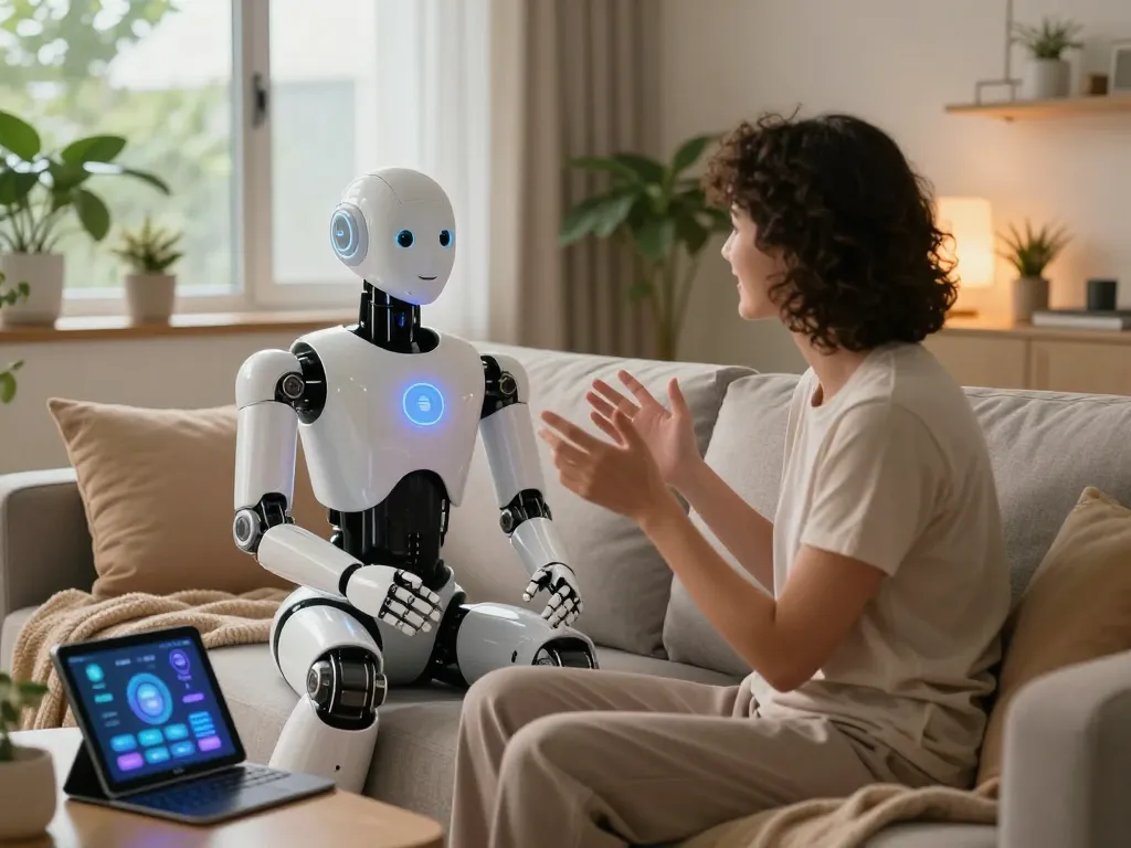 Couple interacting with a lifelike sex bot in a cozy futuristic living room setting.