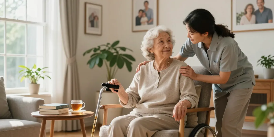 Buy nobility aids for seniors, showcasing a woman in a cozy home setting with mobility support and caregiver assistance.