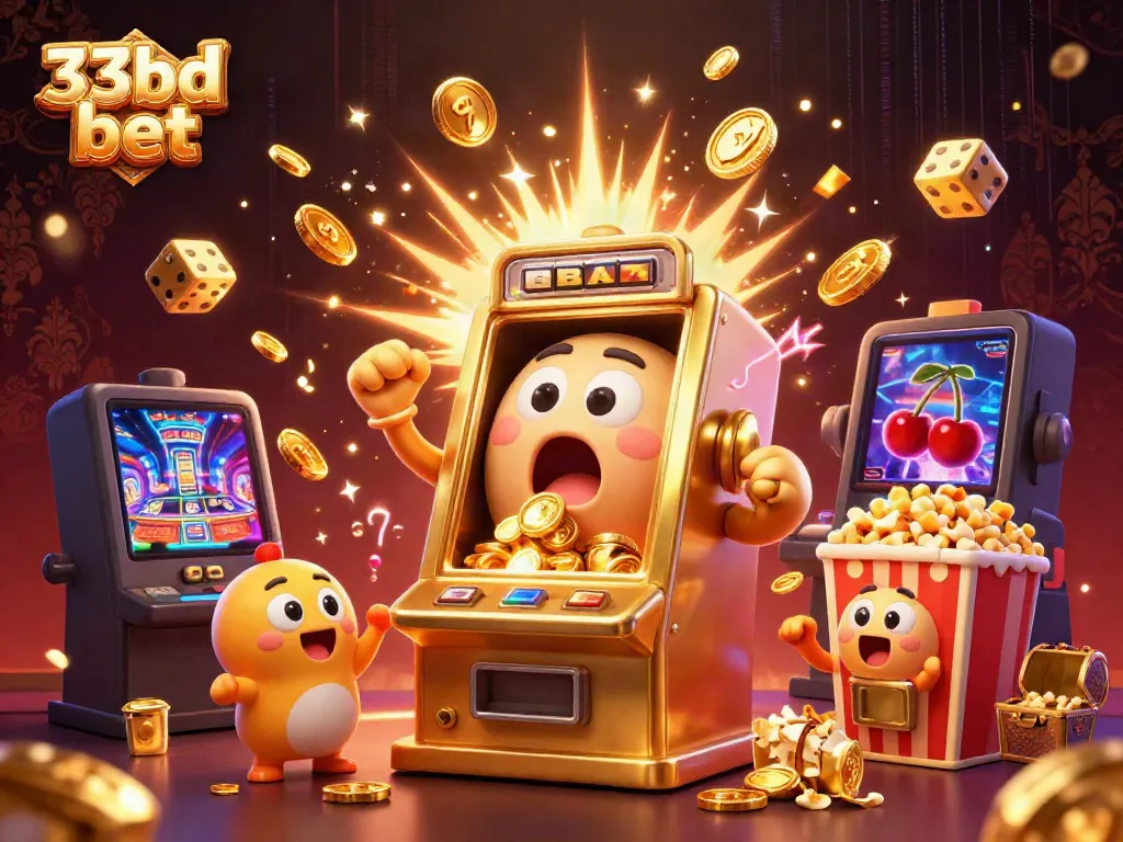 33bd bet promotes excitement with a jackpot-winning slot machine and cheering baby slots.