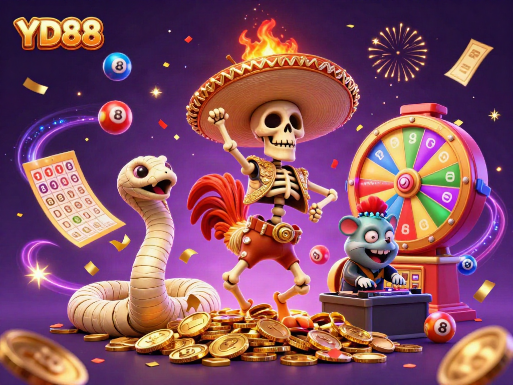Celebrate wins at YD88 with a vibrant casino-themed illustration featuring festive characters and gaming elements.