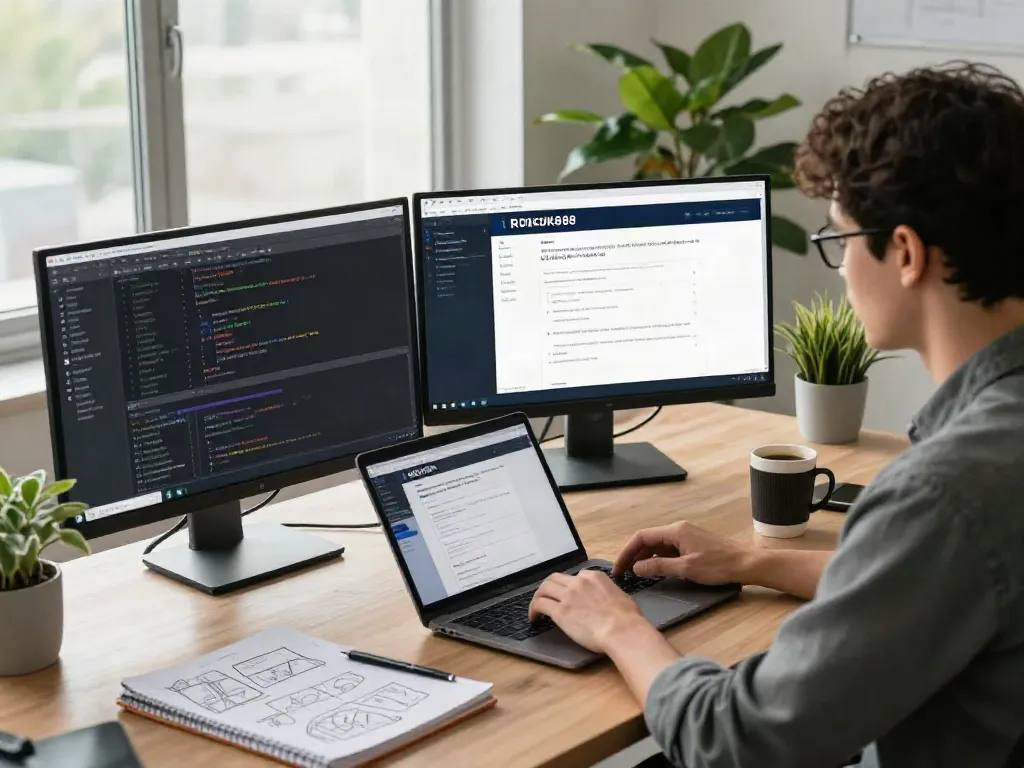 Developer optimizing the rokok88 apk website in a modern workspace with analytics and code.