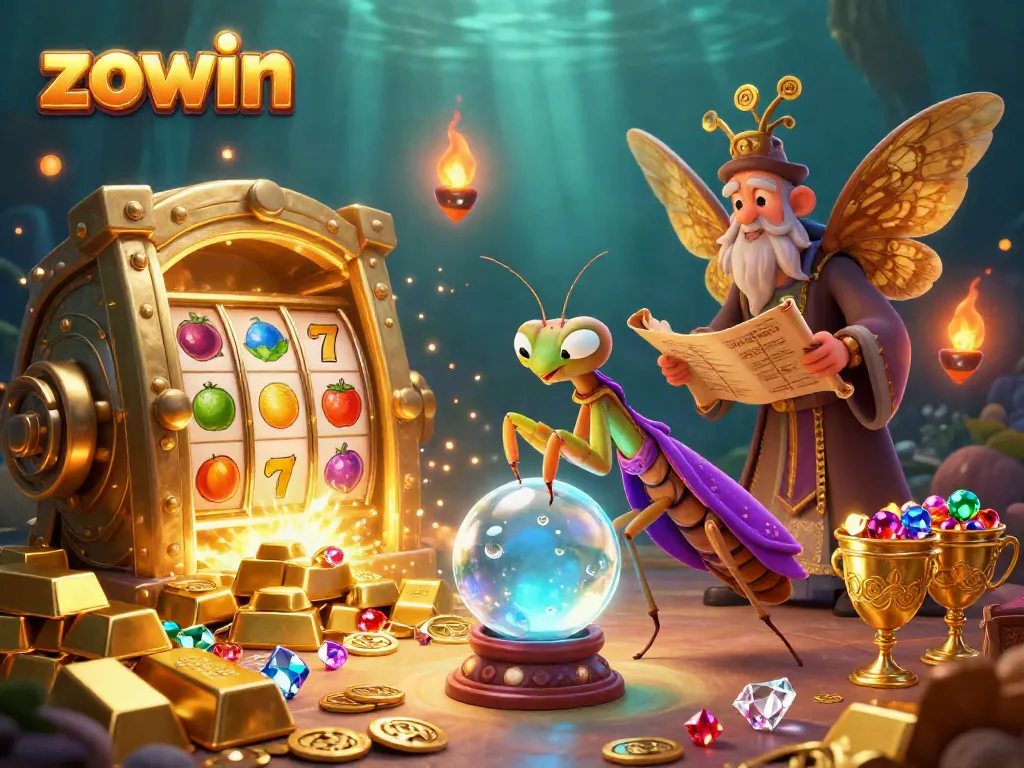 Zowin casino illustration with a fortune teller and librarian among dazzling slot elements and treasure.