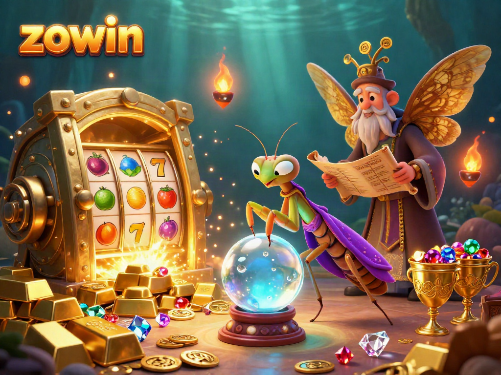 Zowin casino illustration with a fortune teller and librarian among dazzling slot elements and treasure.