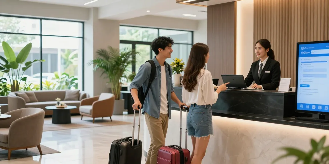 Couple checking in at a hotel lobby, engaging with receptionist, featuring rokok88 login options.