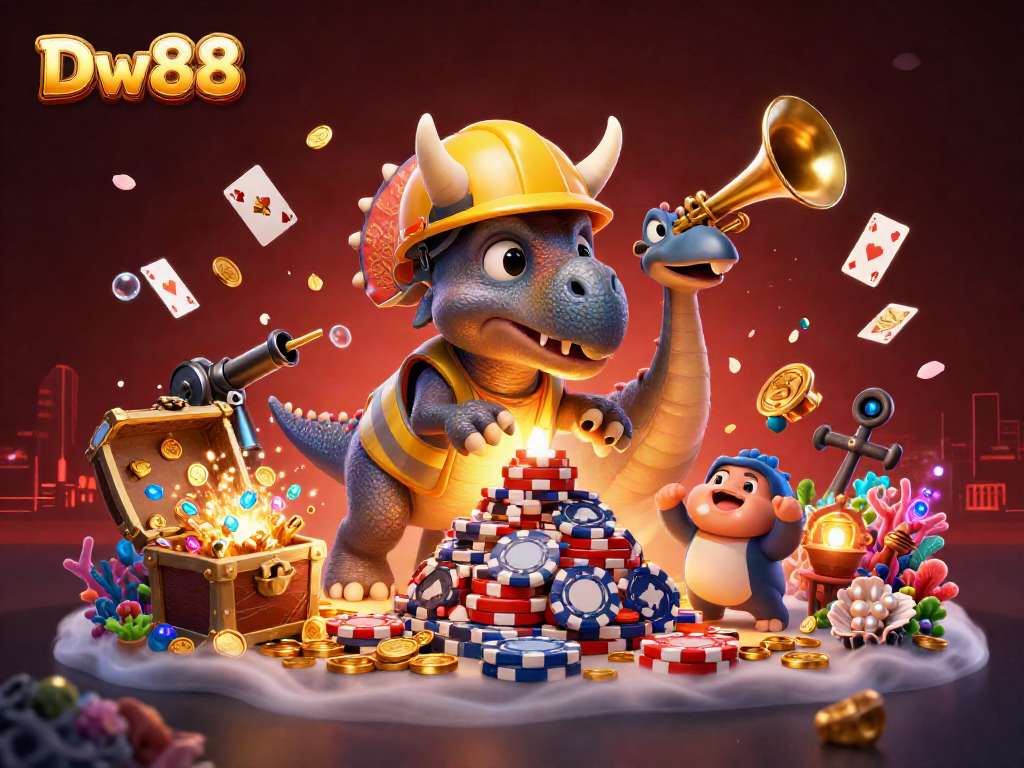 Win big at Dw88 with a vibrant triceratops celebrating casino success surrounded by game elements.