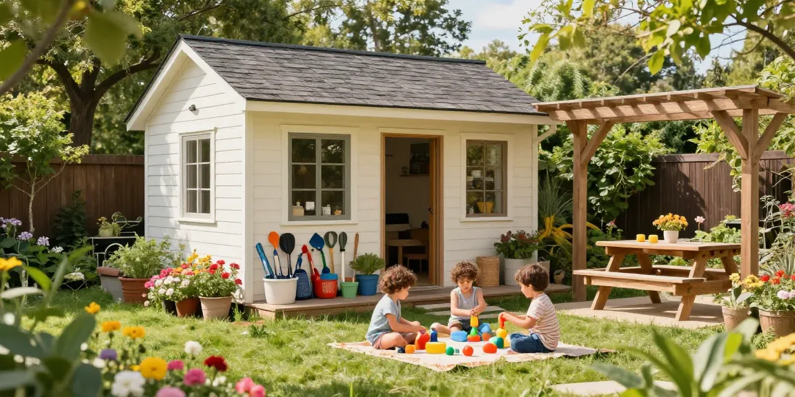 Gartenhaus im Garten mit Familie, die einen sonnigen Tag genießt und lebendige Blumen umgibt.