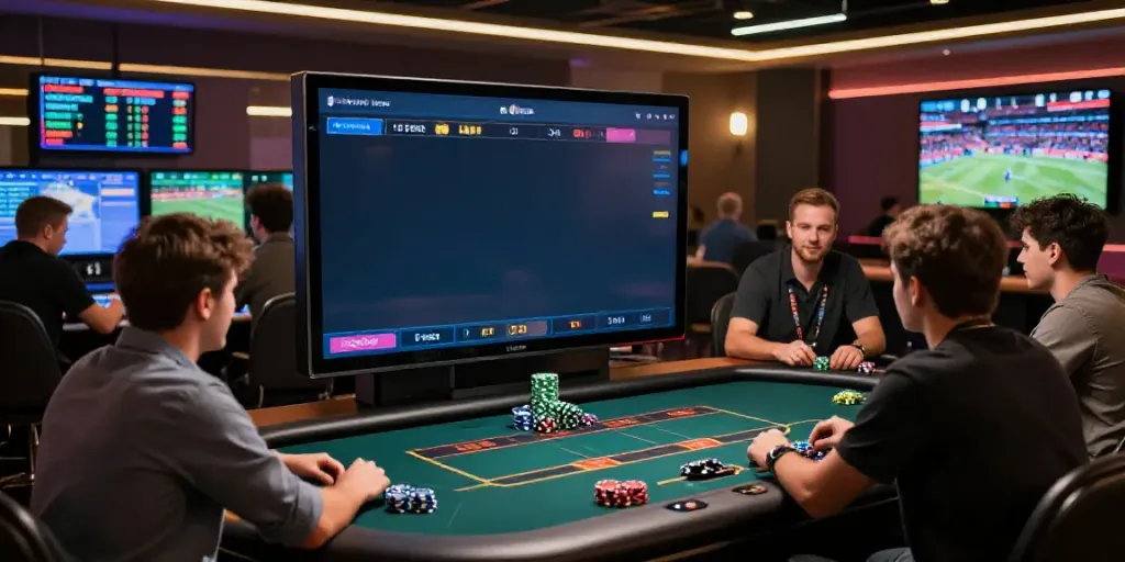 Engaging live betting scene showcasing Alternatif Bola88 with players and digital devices in a vibrant gambling environment