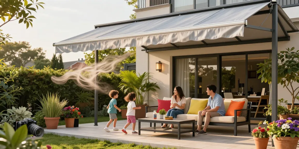 Moderne Terrassenüberdachungen in einem sonnigen Garten mit Familie