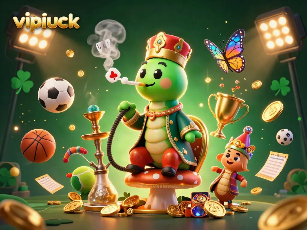 Experience excitement at vipluck with a vibrant 3D casino illustration showcasing dynamic sports elements and a whimsical character.