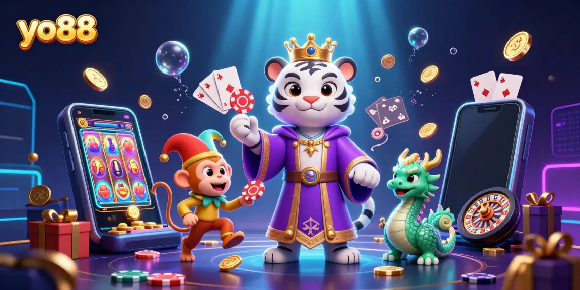 Celebrate your wins at Yo88 with a colorful 3D casino illustration featuring a tiger, monkey, and lucky dragon amidst dynamic gaming elements.