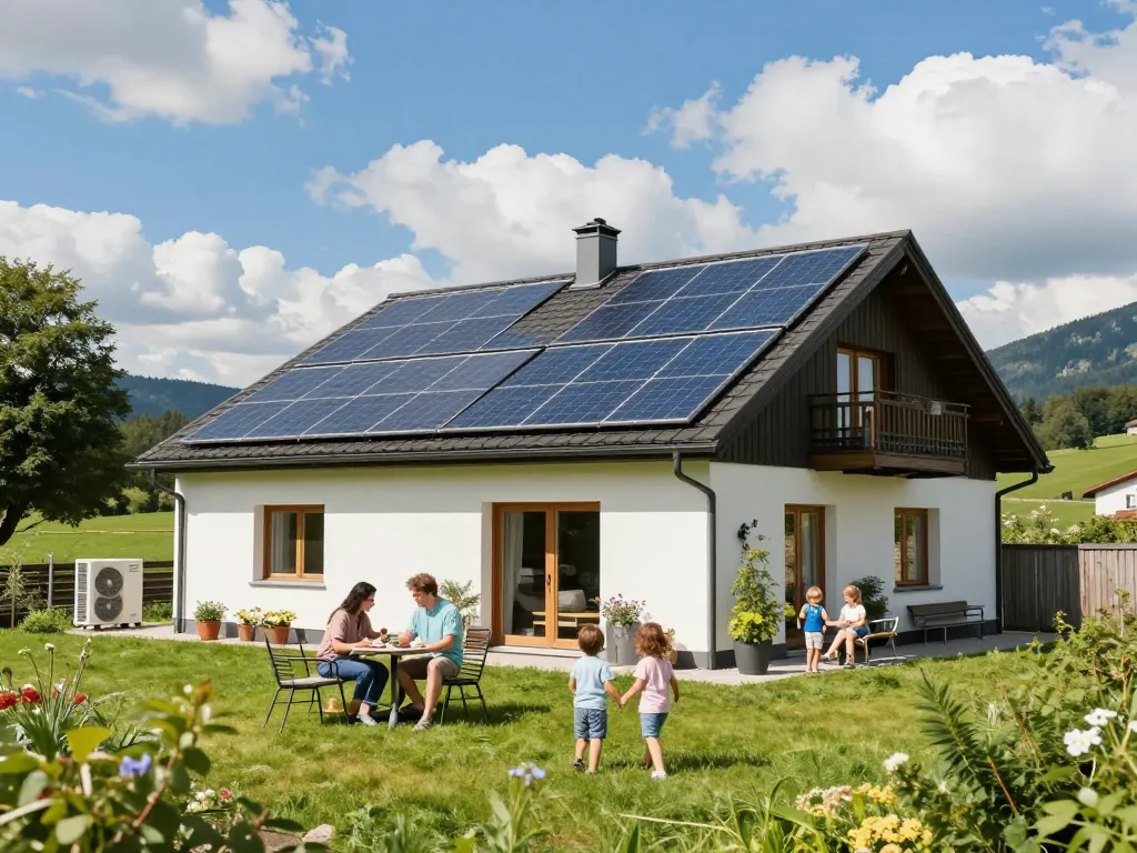 Photovoltaik Bayern: Familie genießt ein solarbetriebenes Zuhause in einer lebendigen bayerischen Landschaft.