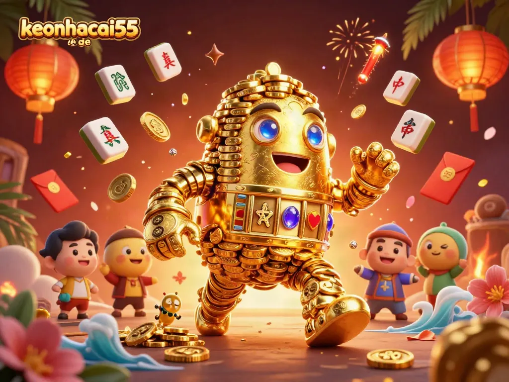 Win big with keonhacai55 de featuring a golden golem and dynamic casino elements.
