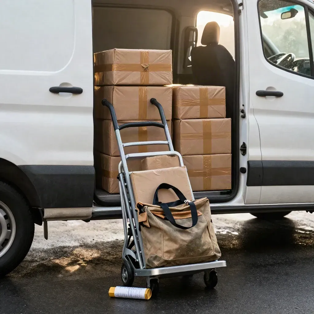 Lieferwagen an der Rampe mit Paketen, Handwagen und Nebel auf nasser Ladefläche