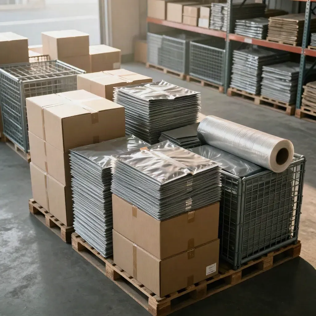 Schräger Blick auf einen Retourenbereich mit Kartons, Folienrolle und Rollwagen im Lager.