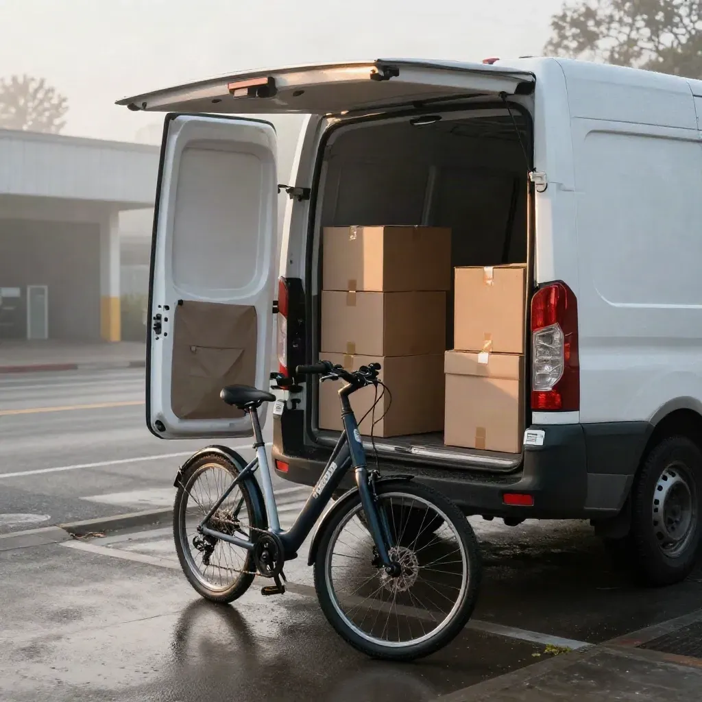 Offener Lieferwagen, Lastenrad, Pakete und Sackkarre im nassen Morgenlicht vor dem ersten Stopp.