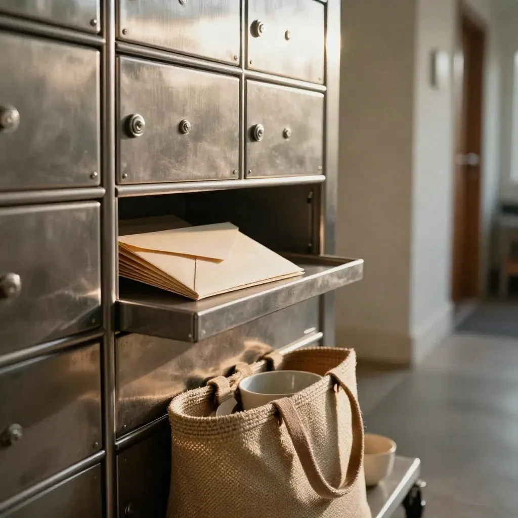 Briefkastenwand im Apartmentflur mit Umschlägen, Rollwagen, Stofftasche und Keramikschale.