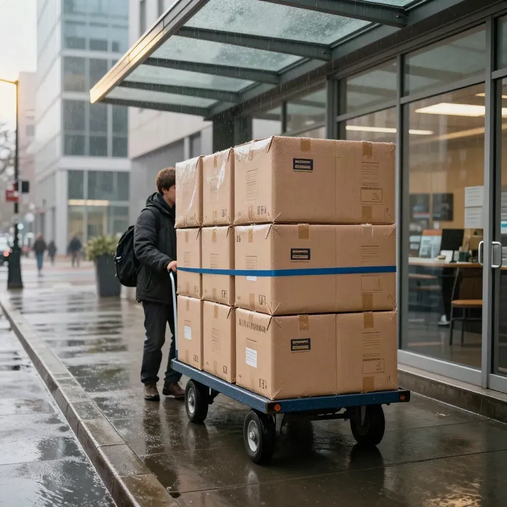 Kurierwagen mit Paketskisten vor gläsernem Büroeingang im Nieselregen.