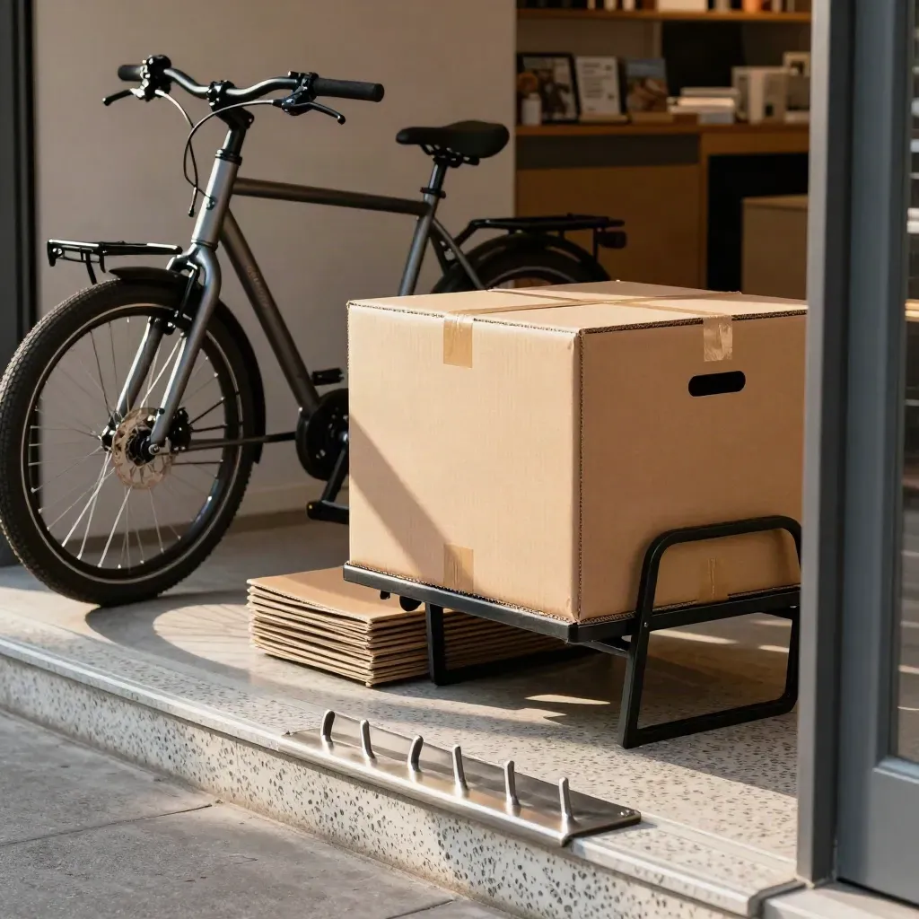 Paketzustellung am Laden: Cargo-Bike, verschlossene Kiste und graues Gestell im warmen Sonnenlicht.