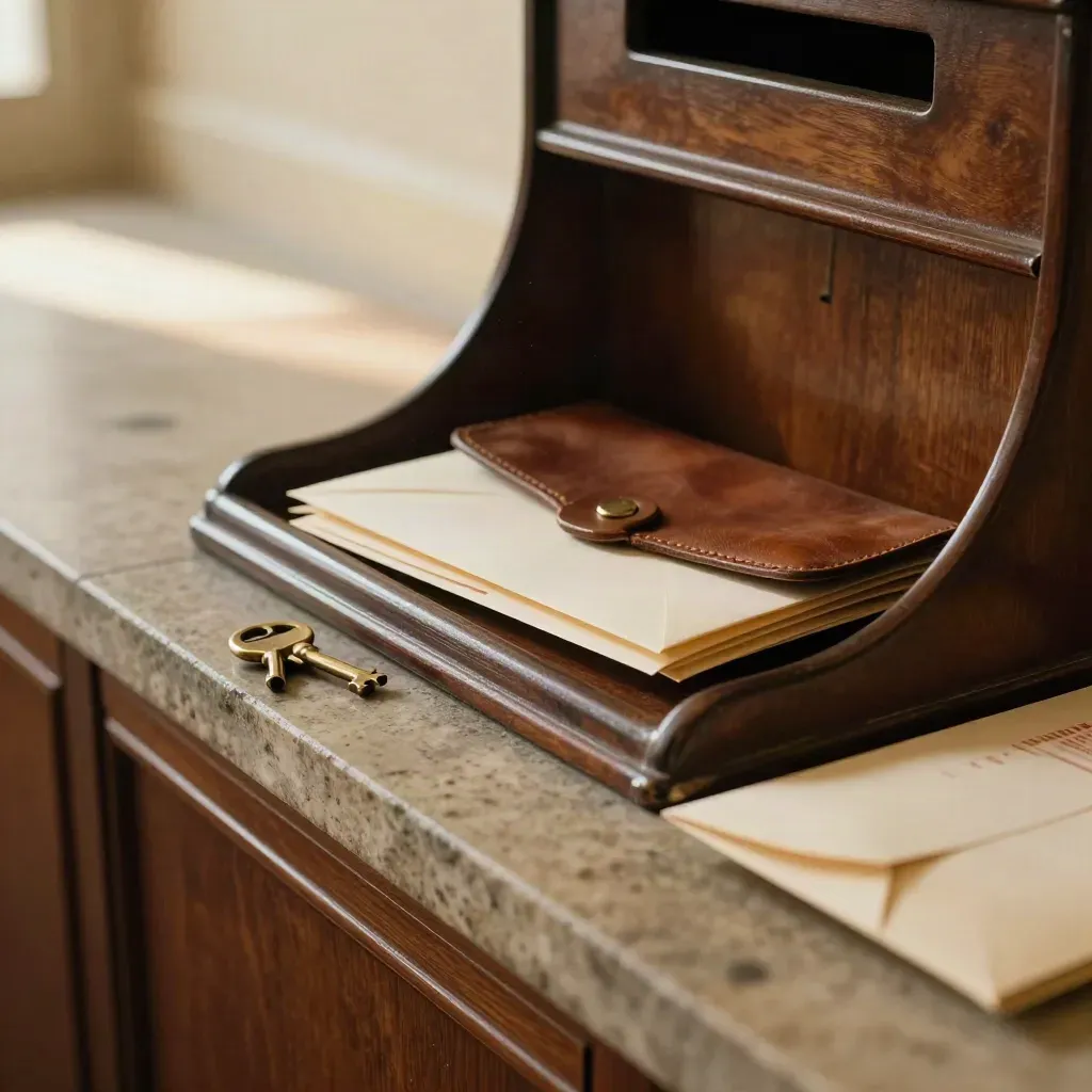 Mail-Tray mit Briefen, Ledertasche und Schlüsseln im warmen Flurlicht