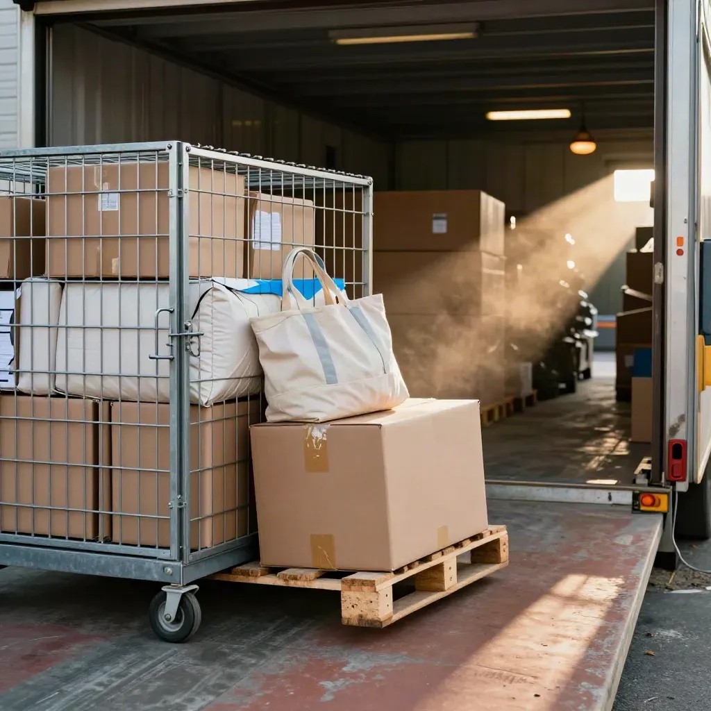 Retourenpakete auf Rollgitter am Warendock im warmen Lagerlicht.