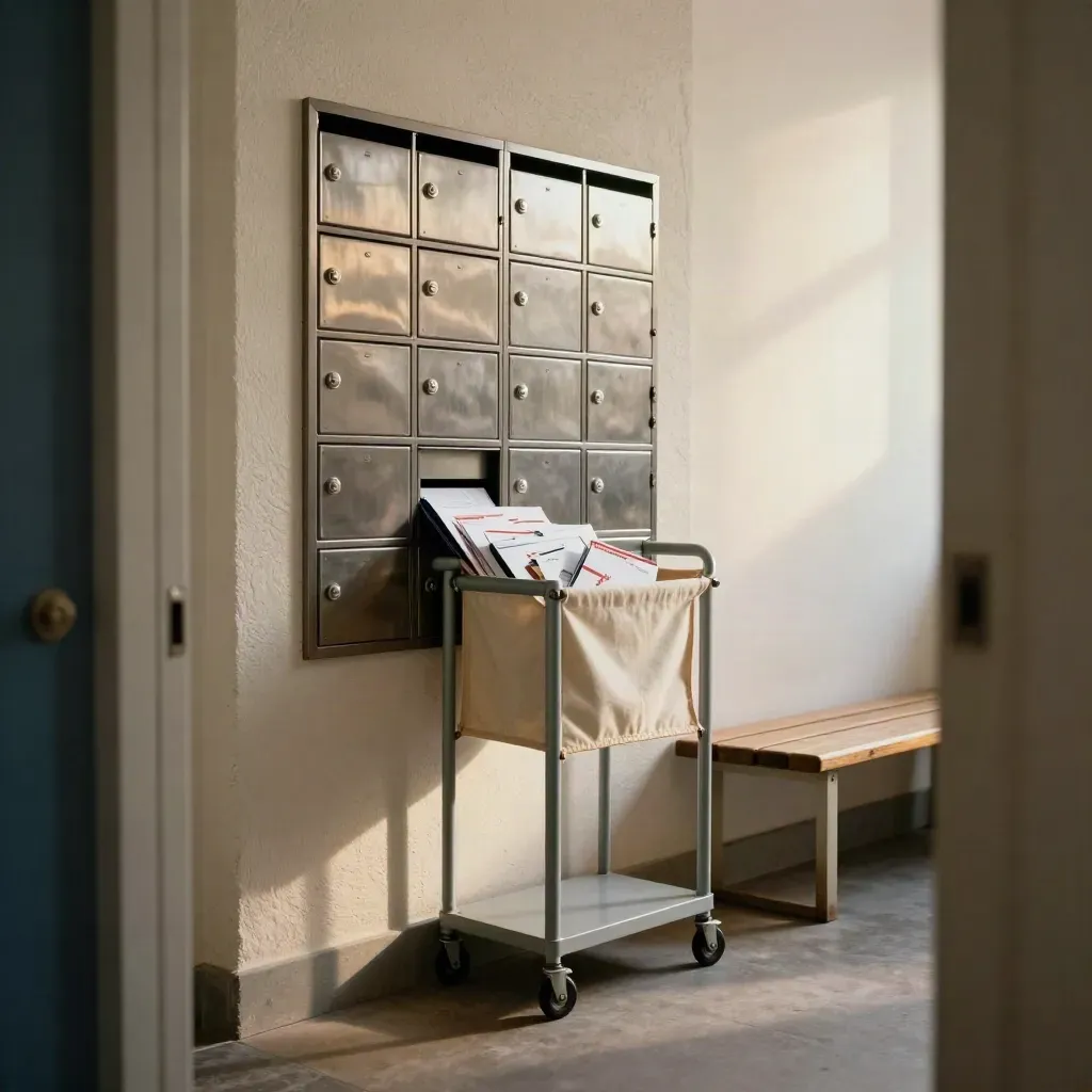 Postfachwand im Flur mit Rollwagen, Briefsling und Bank im warmen Licht