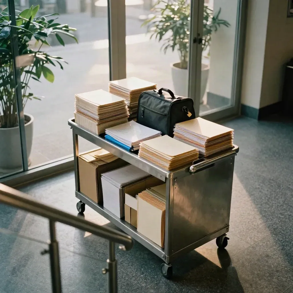 Blick von oben auf einen Postwagen in der Bürolobby mit Sortierfächern und Glasfront.