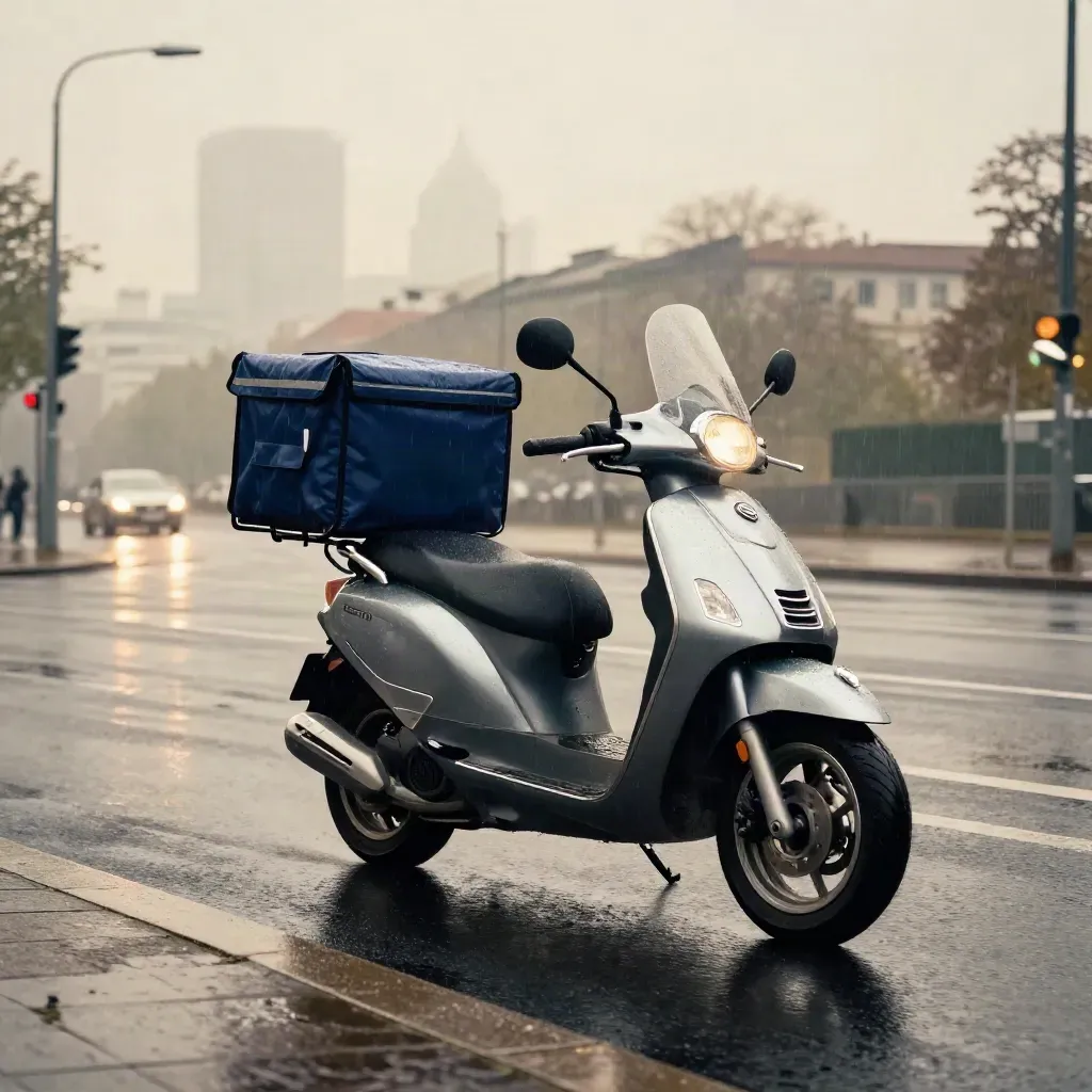 Kurierroller auf nasser Berliner Straße mit Reflexen und Skyline im Regen