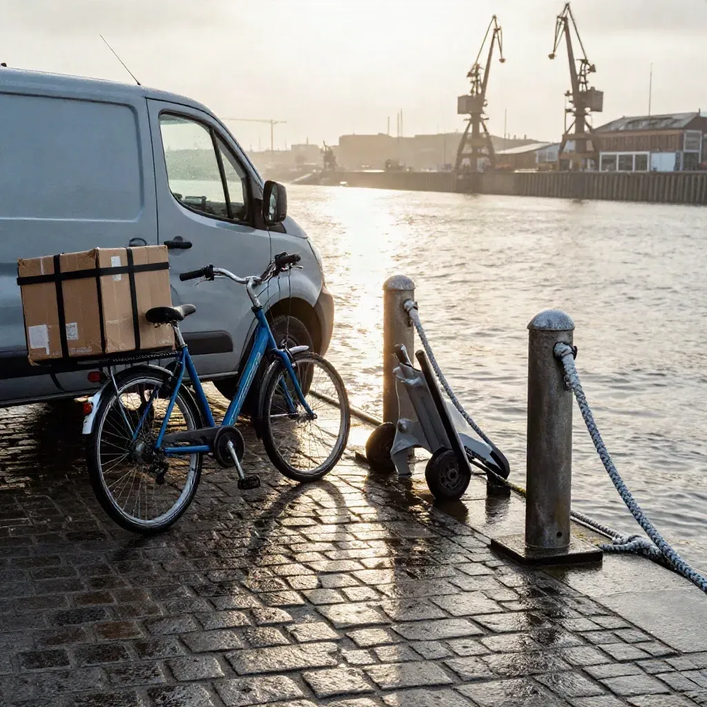 Hamburger Hafen: Lieferbike, Transporter und Paketkiste am nassen Kai im Abendlicht.