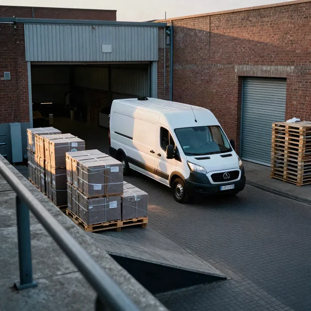 Lieferwagen biegt in einen Industriehof mit Kisten und Ladebucht ein.