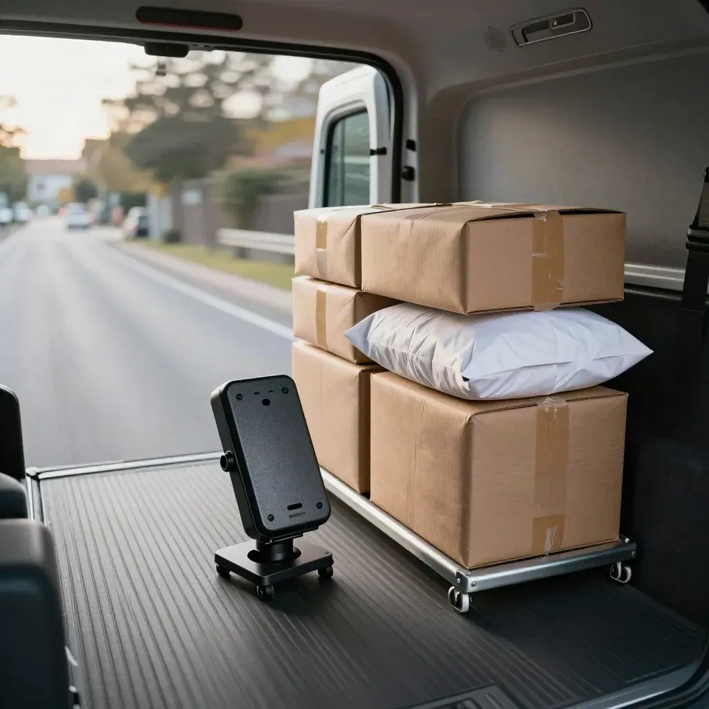 Lieferwageninnenraum mit Paketstapel und Routen-Tracker im Fahrtwind.
