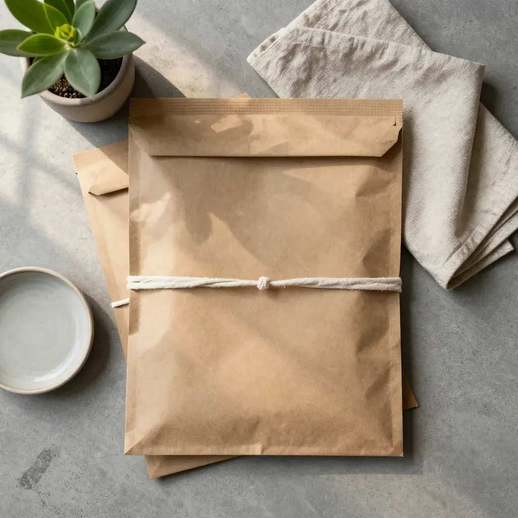 Retourenpaket aus Kraftpapier mit Pflanze, Leinentuch und Keramikschale auf Beton