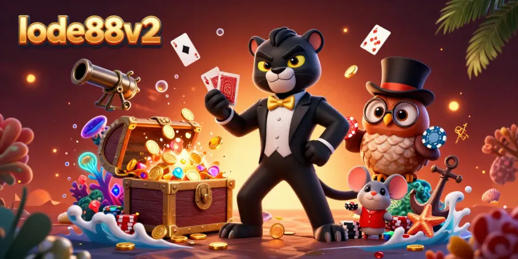 Experience thrilling gameplay at lode88v2 with a stylish panther dealer and charming owl at a vibrant casino scene.