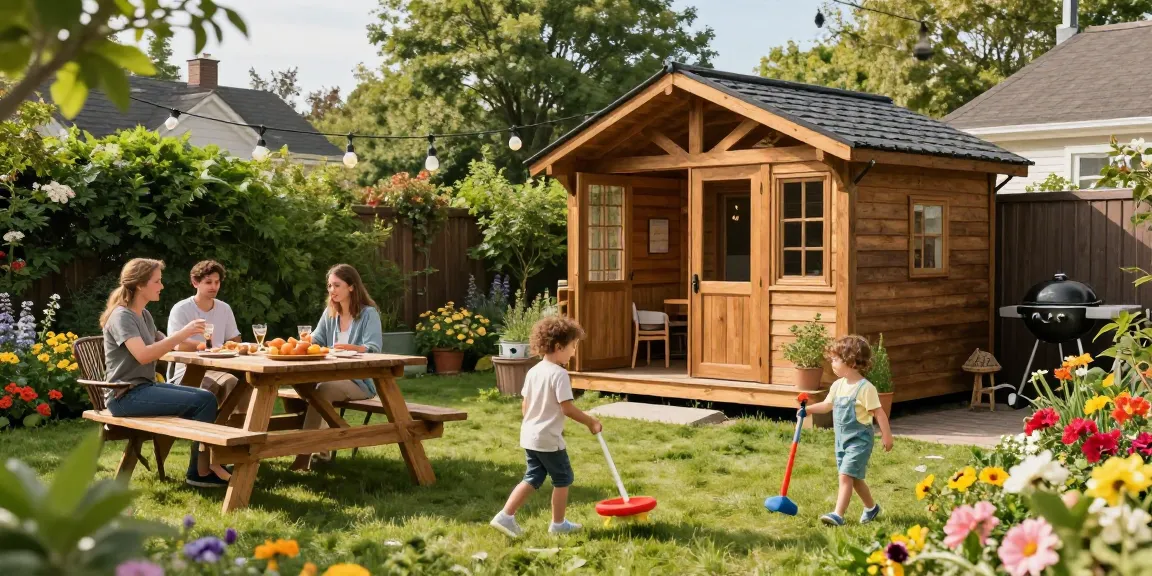 Gartenhäuser aus Holz im Garten mit Familie und bunten Blumen für entspannte Freizeitmomente.