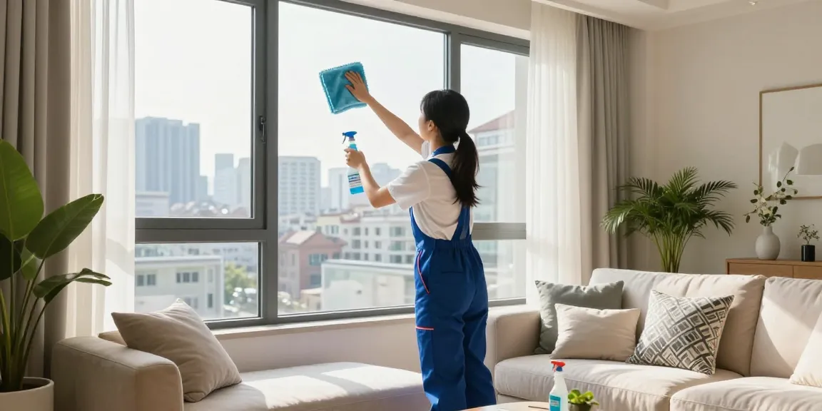 Reinigungsfirma Bern professional cleaning a bright living room window, showcasing quality service.